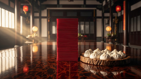 A cinematic environmental wide shot (16:9) capturing a vast, luxurious Chinese heritage dining hall.の素材
