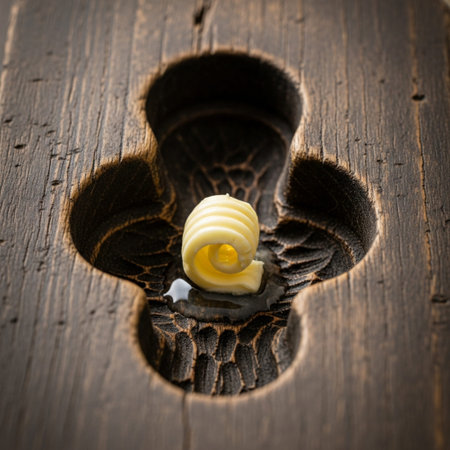 An intimate, square composition focusing on the texture clash between an antique wooden butter moldの素材