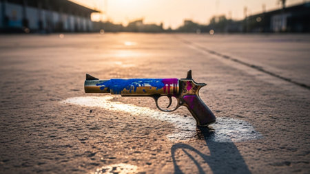 Still life, cinematic wide shot (16:9) capturing an aged, brass pichkari (water pistol) resting on aの素材