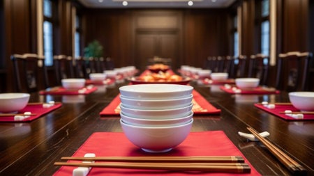 A cinematic environmental wide shot (16:9) capturing the silent preparation for a Lunar New Year celの素材