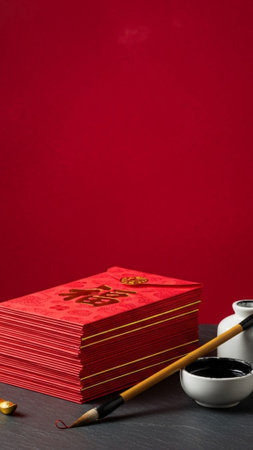 A vertical composition focusing on the preparation for Lunar New Year giving. A tall stack of pristiの素材