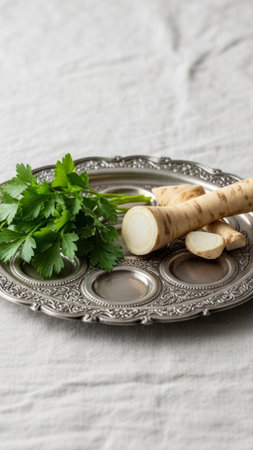 A vertical, tall 9:16 cinematic shot of a silver Seder plate resting on a linen tablecloth. The compの素材