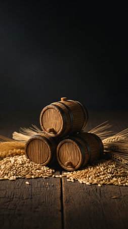 A vertical still life image emphasizing height and deep shadow, featuring three miniature aged whiskの素材