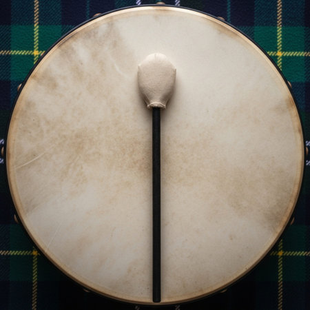 Hero detail shot of an antique Irish Bodhran drum head, focused intensely on the texture of the vellの素材