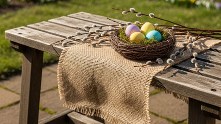 A cinematic wide environmental shot captured at dawn. The focus is on a still life setup in the middの素材