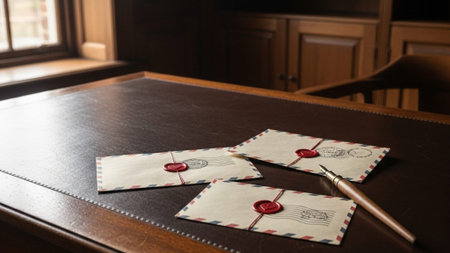 A cinematic environmental wide shot (16:9) capturing a still life scene on a worn mahogany desk in aの素材