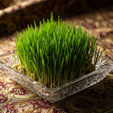 A Hero Detail shot focusing on the Sabzeh component of the Haft-Seen table. Tightly cropped, squareの素材