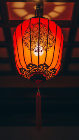 A vertical, wide-angle shot of a single, highly detailed traditional Chinese paper lantern illuminatの素材