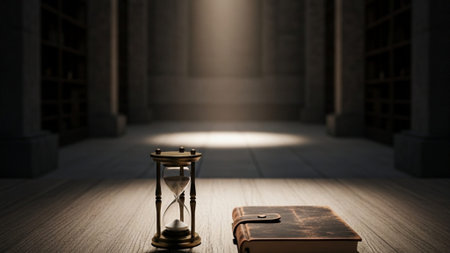 A cinematic wide shot (16:9) capturing the silent environment of a retreat space. A small, antique bの素材