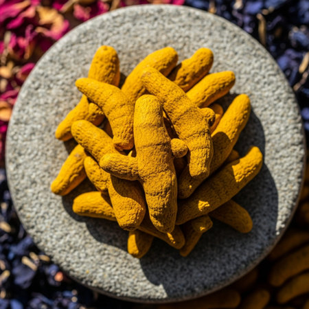Dried turmeric on stone plate, close-up, top viewの素材