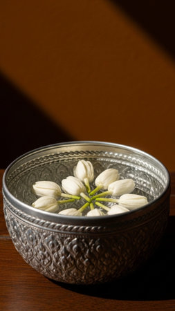 A vertical, tall 9:16 composition featuring an antique, ornate silver Kantoke bowl placed low in theの素材