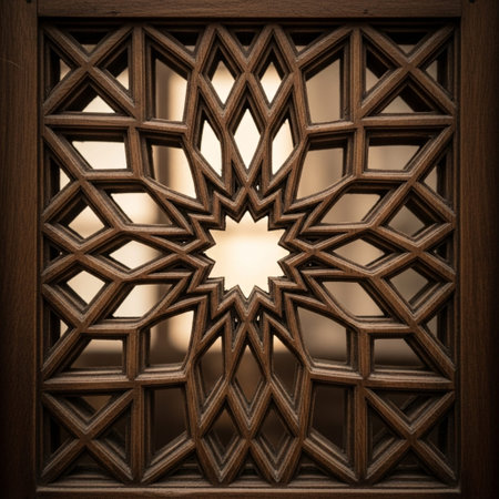 An intimate, high-definition macro capture focusing on the perfect symmetry of a traditional Islamicの素材