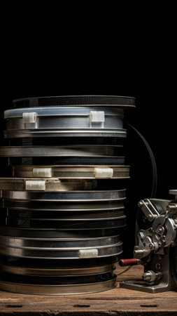 A tall, dramatic vertical shot (9:16) capturing a stack of dusty 16mm and 35mm film reels next to aの素材