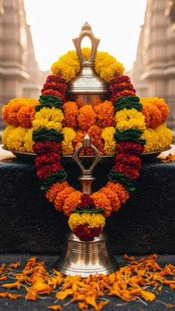 A tall, vertical 9:16 composition focusing on a ritual offering during the Vaisakhi or Vesak Springの素材