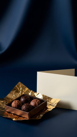A luxury, low-key, vertical still life featuring a small box of unwrapped dark chocolate truffles poの素材