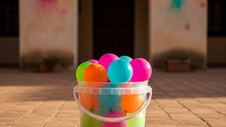 A cinematic wide environmental shot capturing a clear plastic bucket overflowing with brightly colorの素材