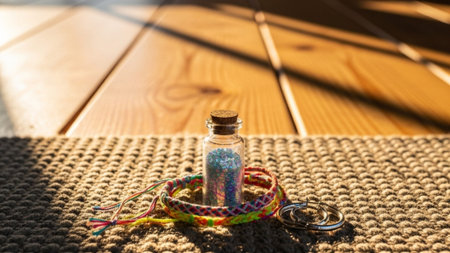 A cinematic ultrawide 16:9 still life shot featuring essential music festival accessories arranged oの素材