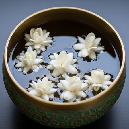 A focused, square macro photograph of a ceremonial brass bowl (Khan Nam) for Songkran. The compositiの素材