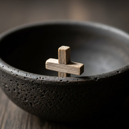 A square-format, macro close-up focusing intensely on the raw, rough textures of Lenten devotion. Aの素材