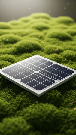 A vertical, tall 9:16 composition featuring an extreme macro shot of a single, clean solar panel secの素材