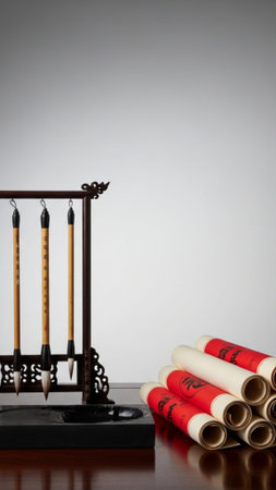 Still life composition for a Chinese cultural celebration, featuring traditional calligraphy tools aの素材