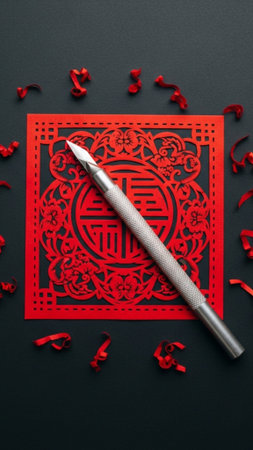 A vertical 9:16 overhead still life showing a detailed, partially finished traditional Chinese paperの素材