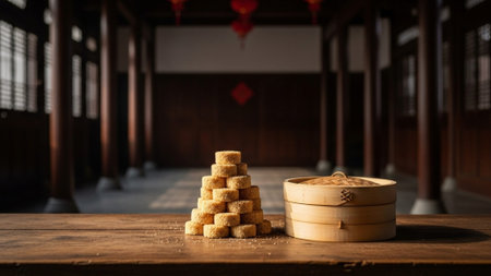 A cinematic wide shot (16:9) of a traditional Chinese interior during the Lunar New Year. The main sの素材