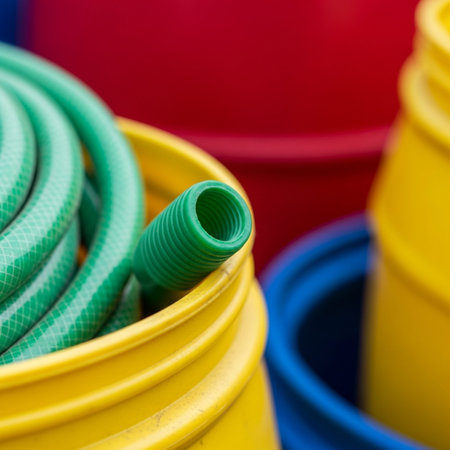 A square, tightly framed, highly detailed close-up showing the junction where a coiled green gardenの素材