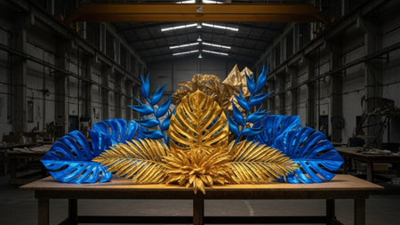 A cinematic environmental wide shot (16:9) of a vast, high-ceilinged industrial workshop where Rio Cの素材