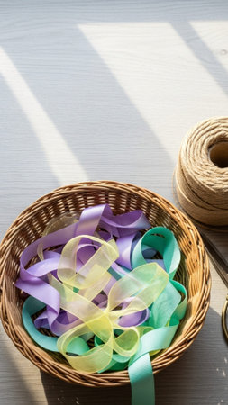 A striking vertical still life emphasizing negative space. A wicker basket holds pastel ribbons (lavの素材