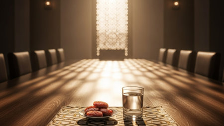 A cinematic, environmental wide shot (16:9) capturing the solemn and peaceful atmosphere of Iftar prの素材