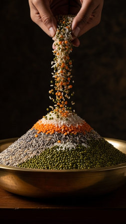 A vertical, tall 9:16, cinematic full shot showing a large, reflective brass bowl centered in the loの素材