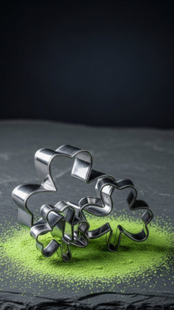Dramatic vertical still life of three sizes of metallic shamrock cookie cutters clustered on a dustiの素材
