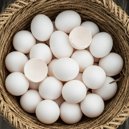 Square 1:1 composition focusing on the intense textural contrast between pristine white eggshells anの素材