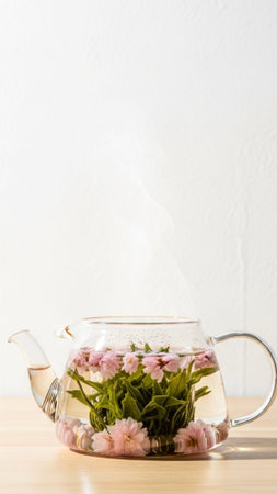 A vertical still life focusing on a clear glass teapot containing dried Sakura petals and green teaの素材
