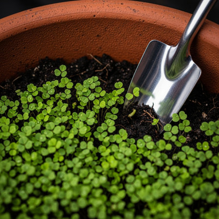 An intimate, square-format extreme close-up (macro) of tiny, bright green clover seedlings just emerの素材