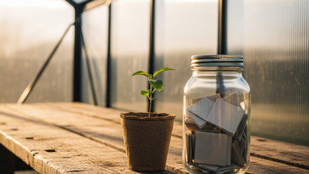 An ultrawide 16:9 cinematic shot of a greenhouse interior. In the middle ground, a biodegradable peaの素材