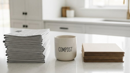 A panoramic 16:9 cinematic environmental shot of a designated recycling station on a clean, wide kitの素材