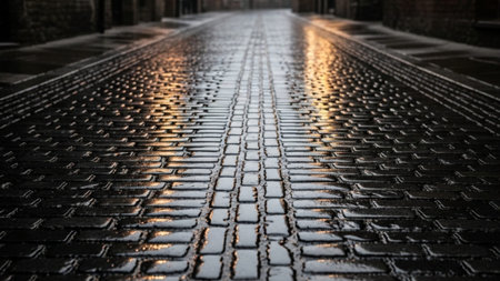 An environmental, cinematic wide shot (16:9) capturing a broad expanse of highly polished, wet cobblの素材