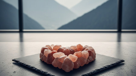 A cinematic environmental wide shot (16:9 ultrawide) of pink Himalayan salt crystals formed into a pの素材