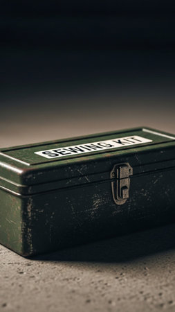 A striking vertical, 9:16 composition featuring a heavy, closed vintage metal toolbox, positioned loの素材