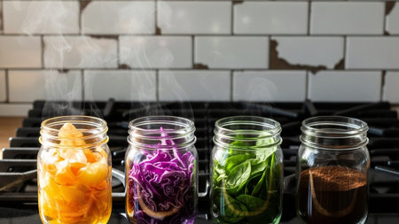 An environmental 16:9 wide photograph capturing a serene domestic kitchen setting where the processの素材