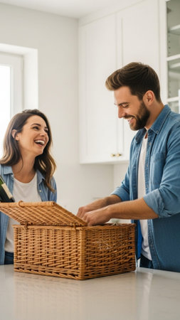A full-body vertical stock photograph of a heterosexual couple standing in a high-end kitchen, centeの素材