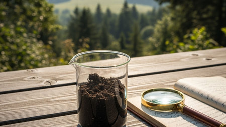 A cinematic environmental wide shot (16:9) of a makeshift wooden field research table set up at theの素材