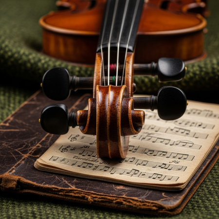 violin and book on a green background, close-up.の素材