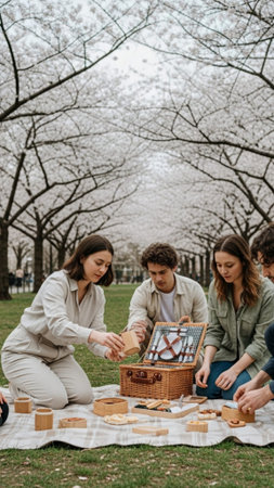 A vertical, full-body stock photograph of a small, diverse group of 3-4 young adults setting up a hiの素材