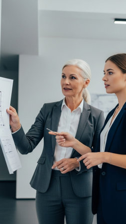 Full-body vertical composition (9:16) showing an experienced older woman intensely mentoring a youngの素材