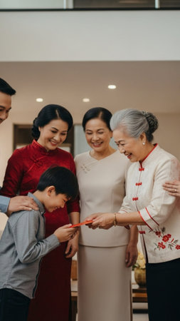 Vertical, full-body capture of a multi-generational East Asian family standing in a high-ceilinged hの素材