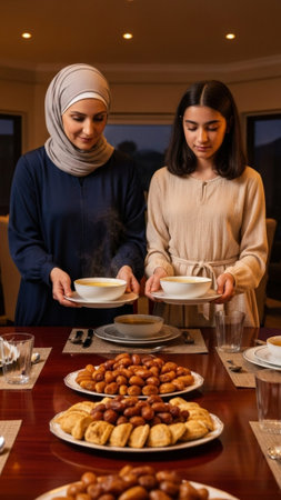 A striking vertical, full body composition showing a mother and her teenage daughter setting the dinの素材