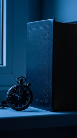 A vertical, tall 9:16 composition capturing a centered still life of a plain black analogue stopwatcの素材